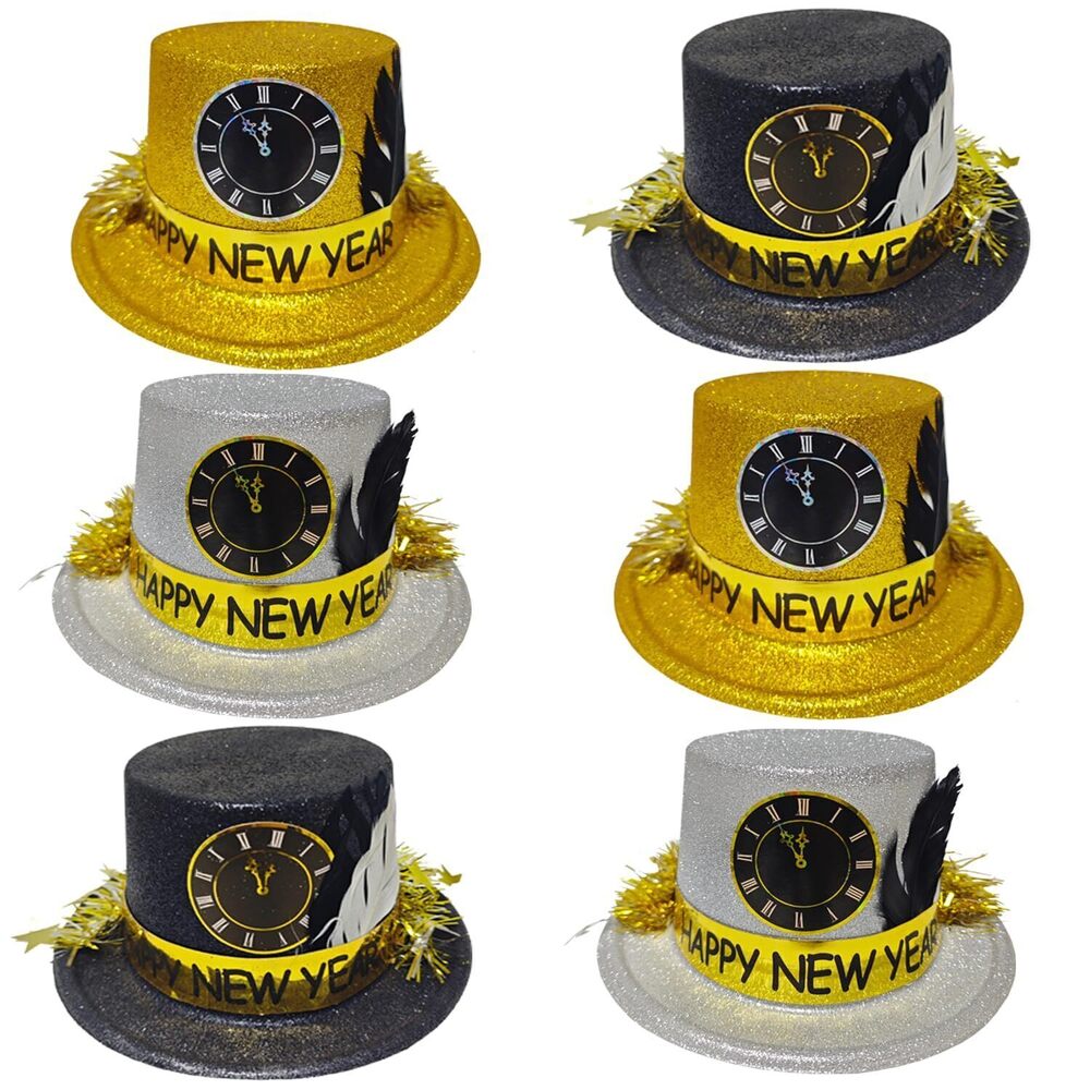4659 New Year's Eve Party Supplies 6 PCS Glitter Top Hat with Feathers
